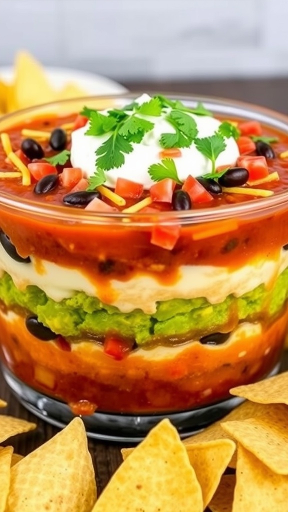 A vibrant 5-layer Mexican dip with refried beans, guacamole, salsa, sour cream, and cheese, served with tortilla chips.
